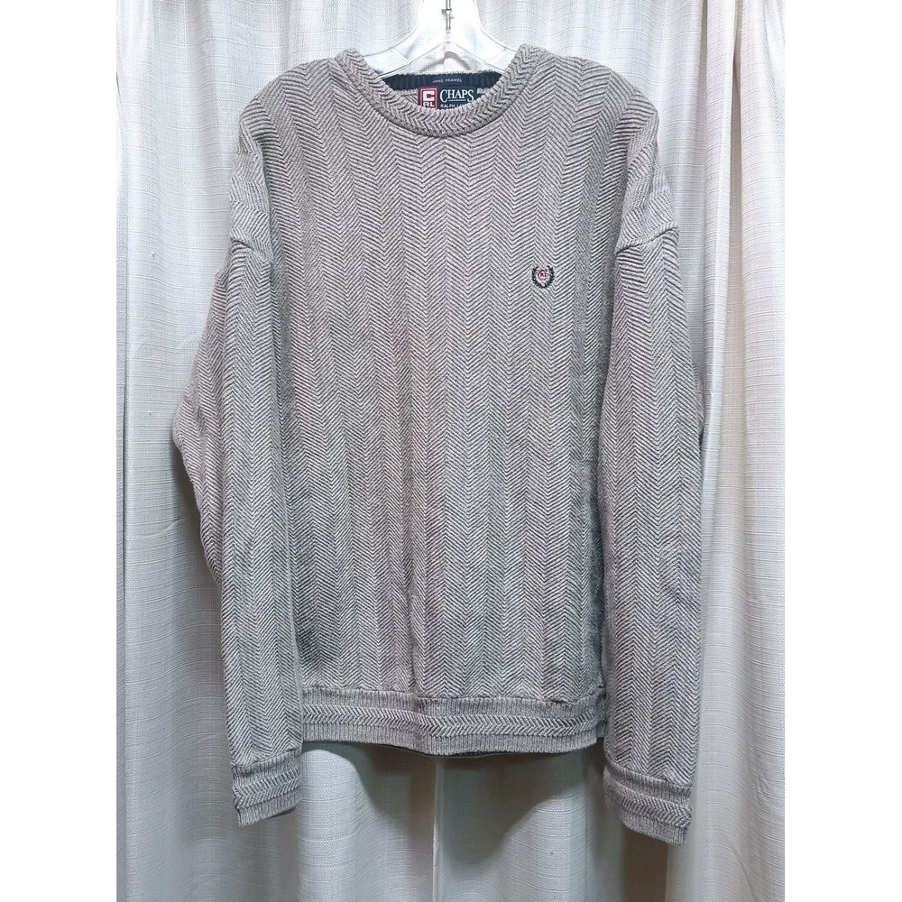 Vtg Chaps Ralph Lauren Mens XL Gray Hand Framed Embroidered Herringbone Sweater